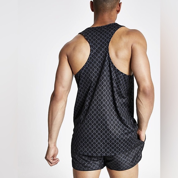 River Island Mens Black RI Monogram Racer Slim Fit Mesh Tank Top - Picture 4 of 5